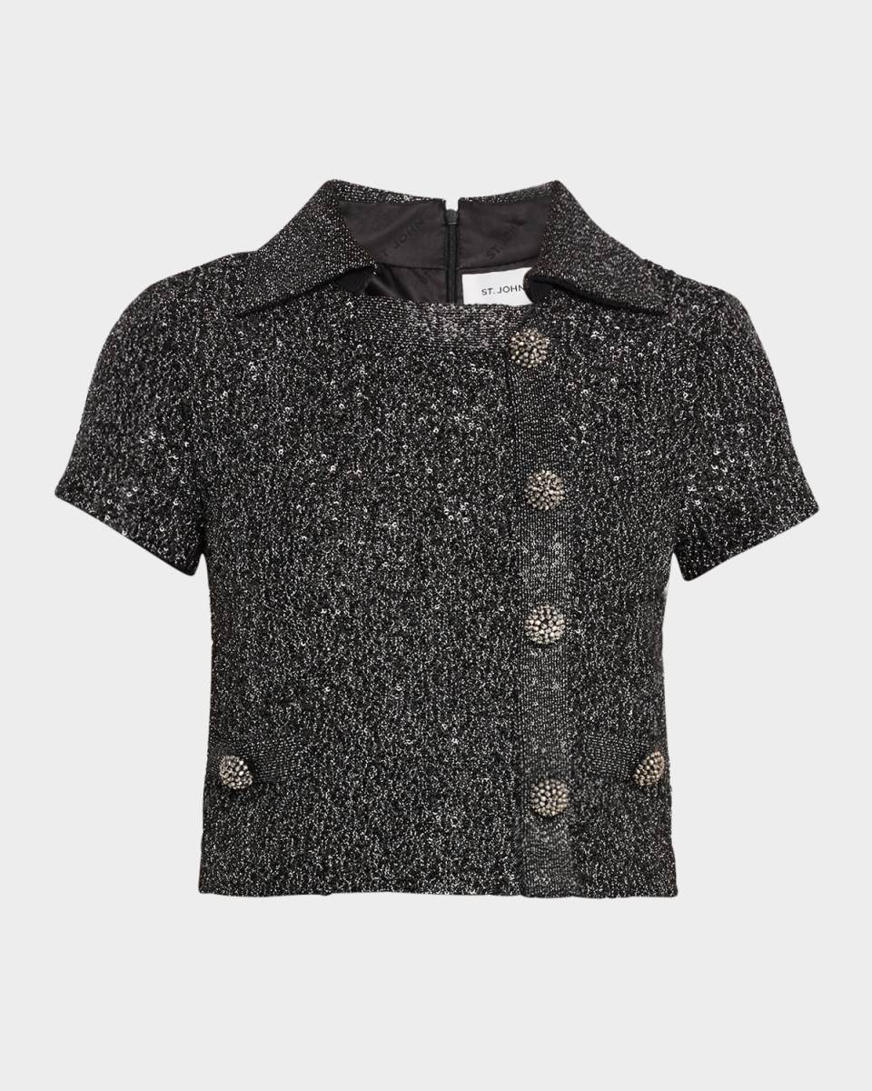 Lurex Knit And Signature Stretch Sequin Knit Collar Jacket W Decorative Buttons